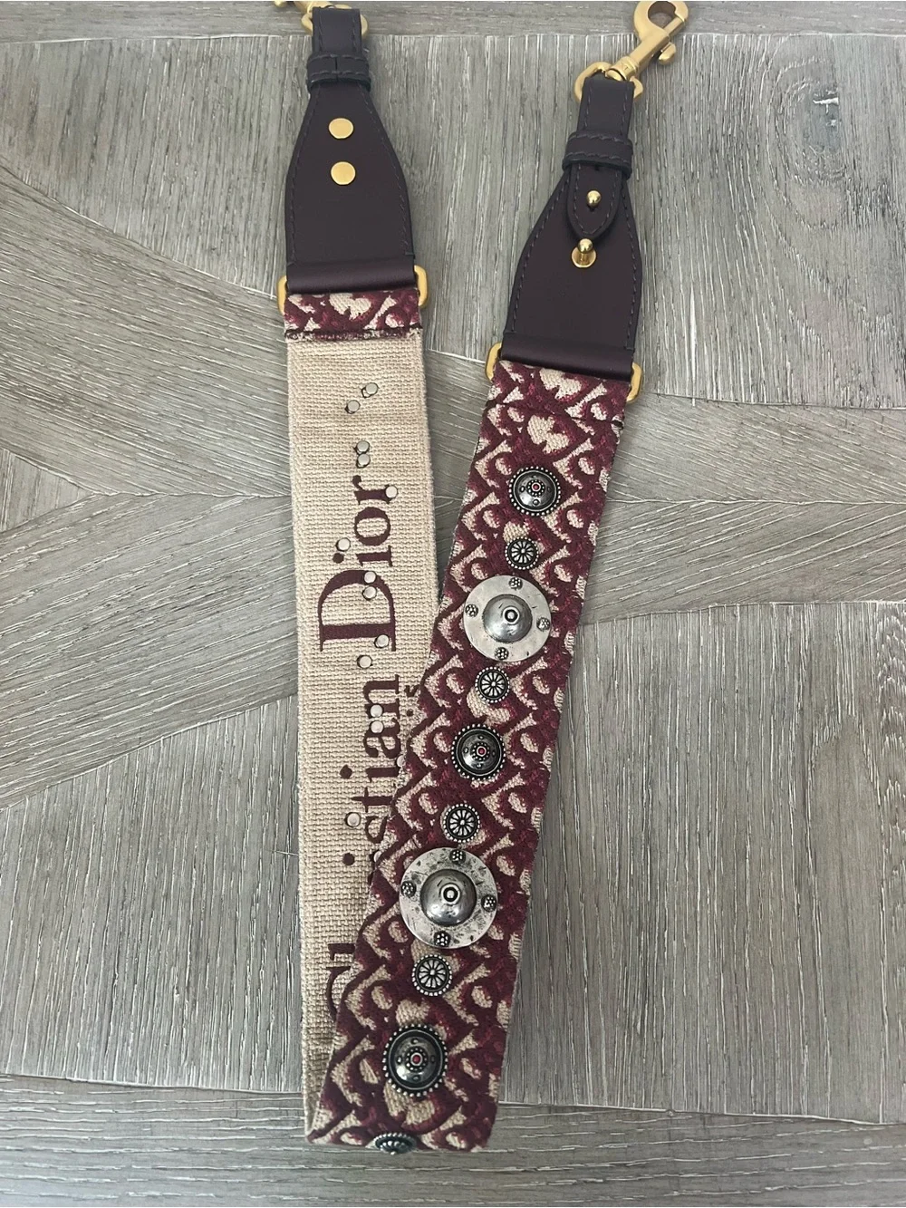 Dior Burgundy and Cream Decorative Logo Canvas Bag Strap with Gold Hardware